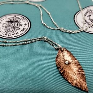 Signed Feather Dew Drop Pendant Necklace